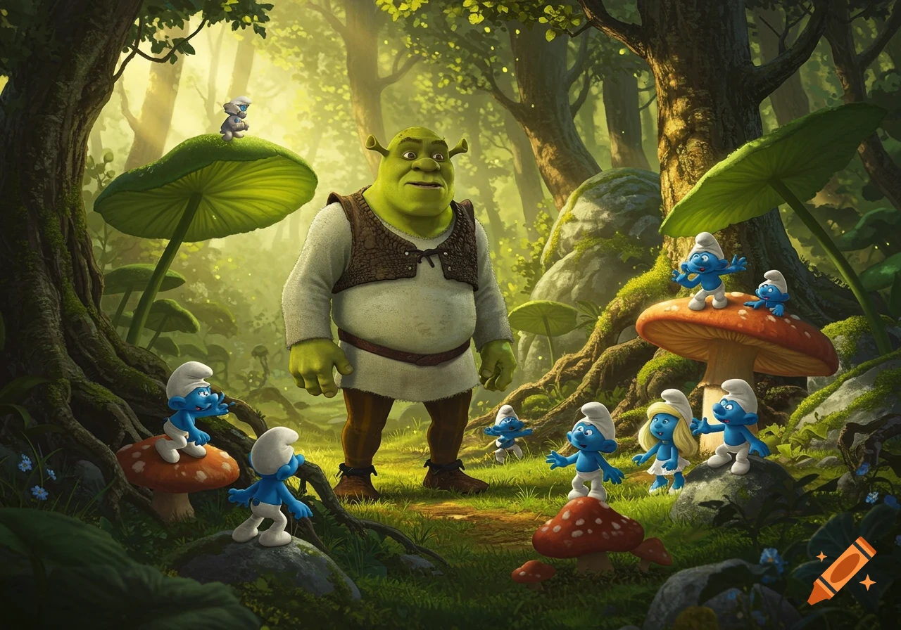 Shrek stands in a bright forest surrounded by numerous Smurfs perched on large mushrooms and the ground.