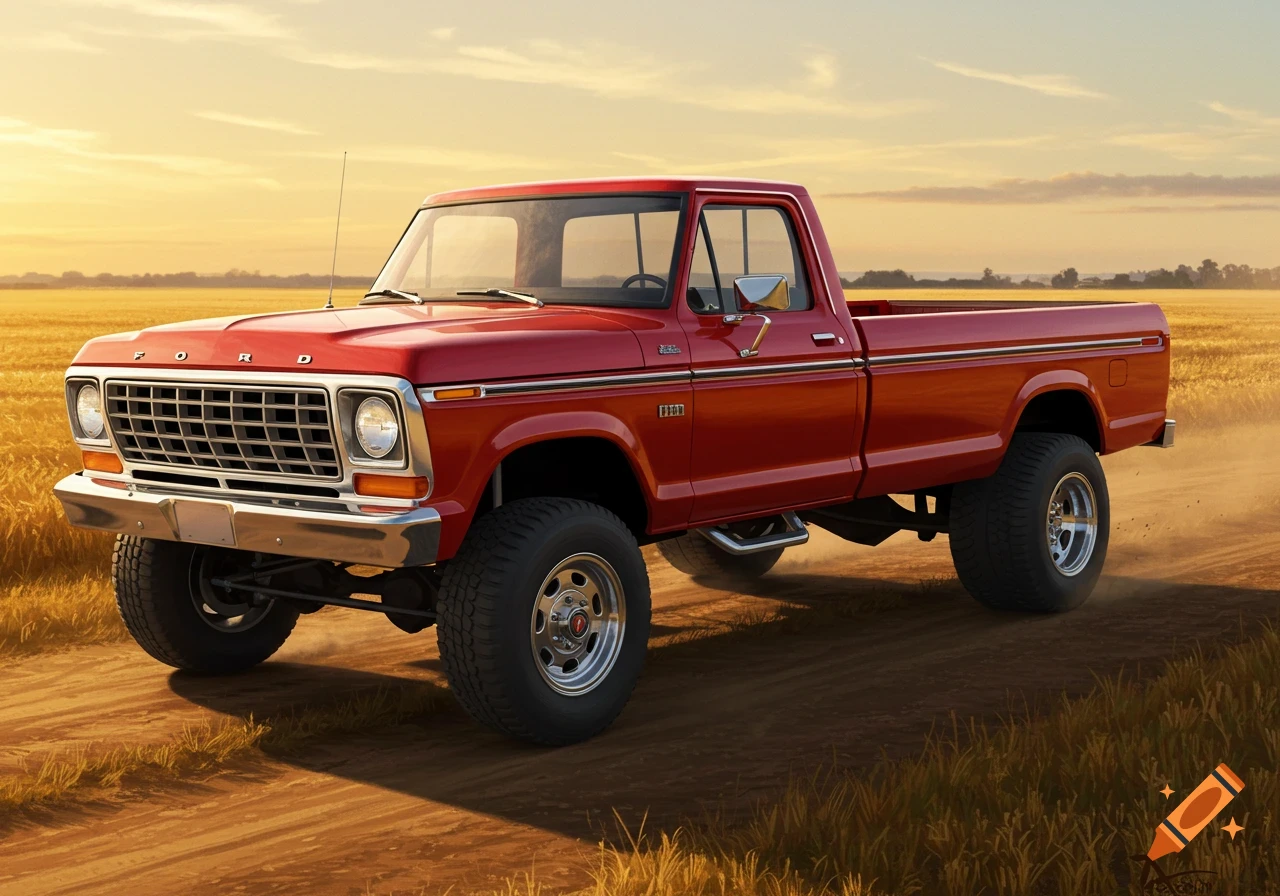A red Ford pickup truck with large tires drives on a dirt road through a golden field at sunset in a photorealistic style.