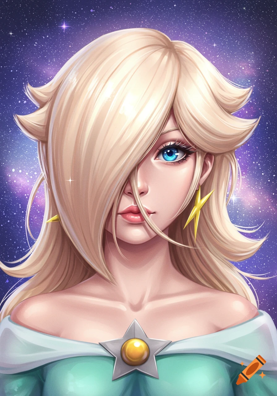 Stylized portrait of a woman with long platinum blonde hair covering one eye, blue eyes, wearing a light blue dress with a star emblem, against a galaxy background.