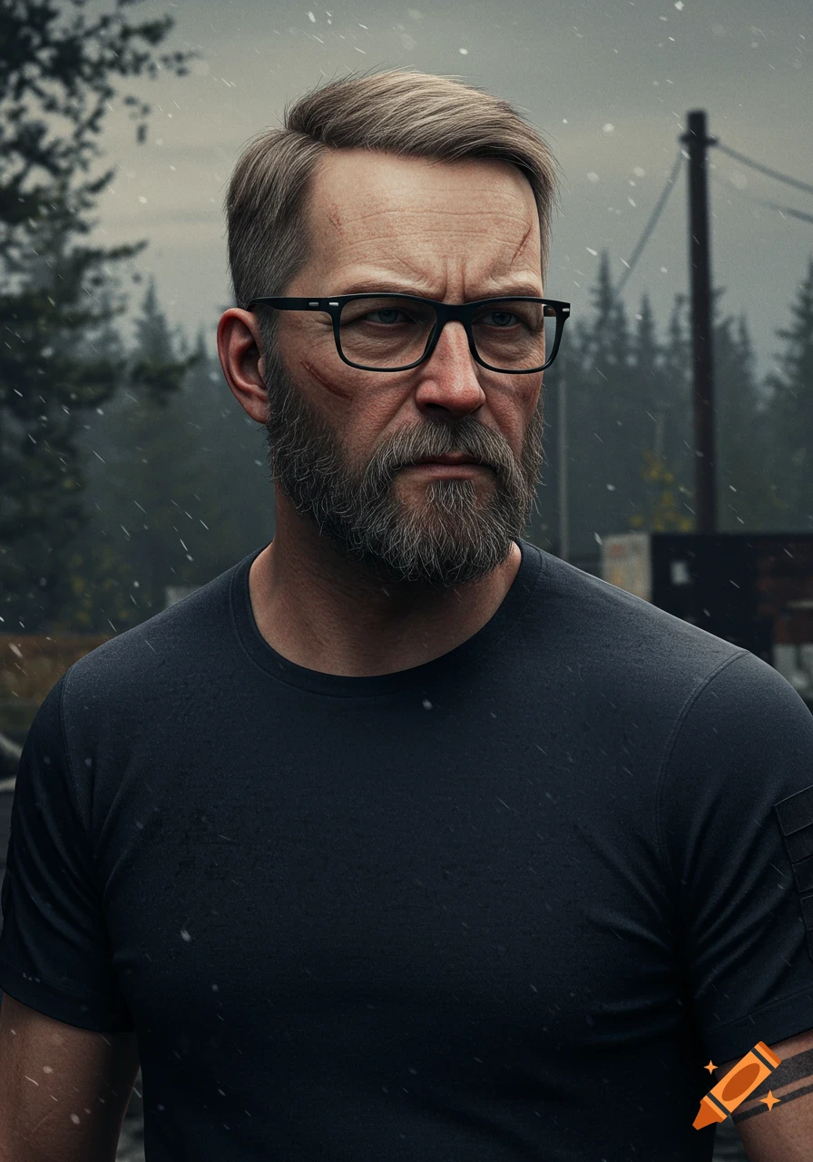 Hyper-realistic portrait of a middle-aged man with a beard, glasses, and face scars, wearing a dark tactical t-shirt with a stripe tattoo, in a rainy outdoor setting.