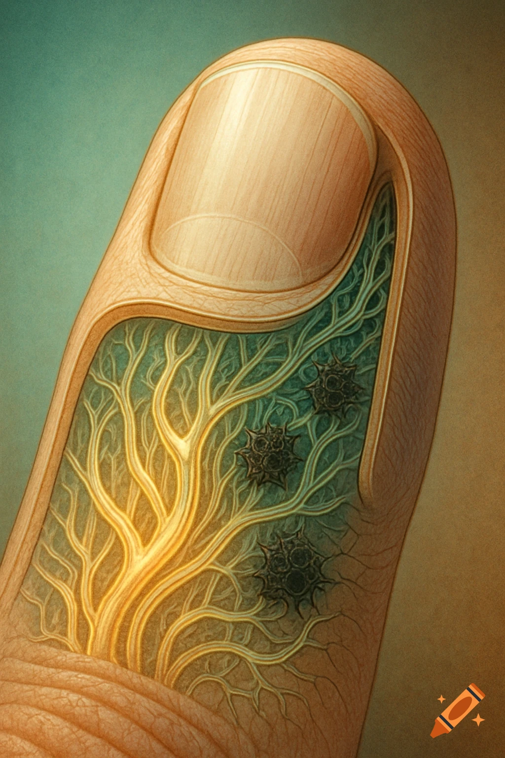 A hyper-detailed medical illustration of a human fingertip cross-section showing glowing tube-like capillaries and dark microclots.