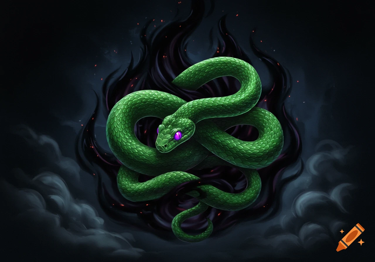 A vivid green snake with glowing purple eyes coiled against a dark background with black smoky tendrils.