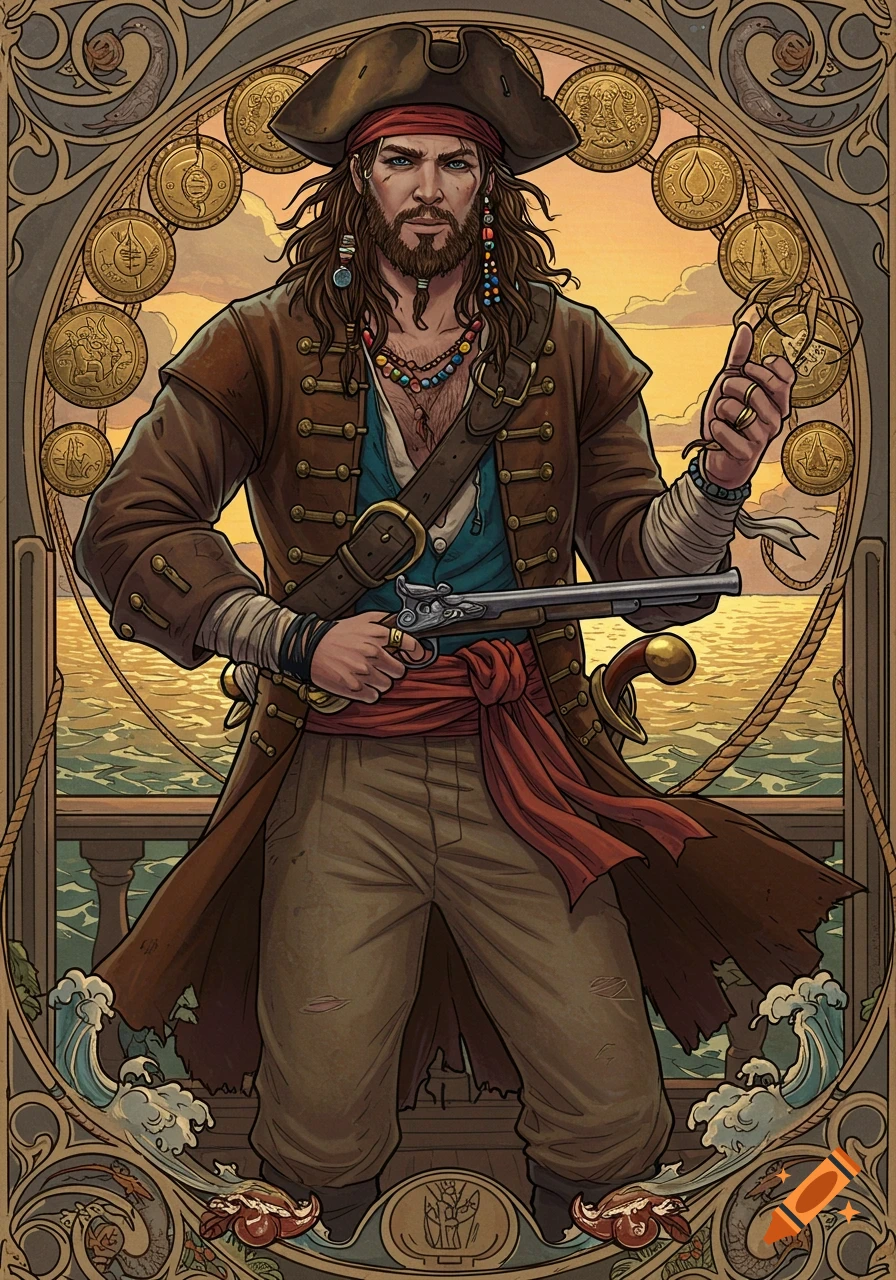Art Nouveau illustration of a charismatic pirate captain with long hair and beard, holding a flintlock pistol and a compass, on a ship at sunset.