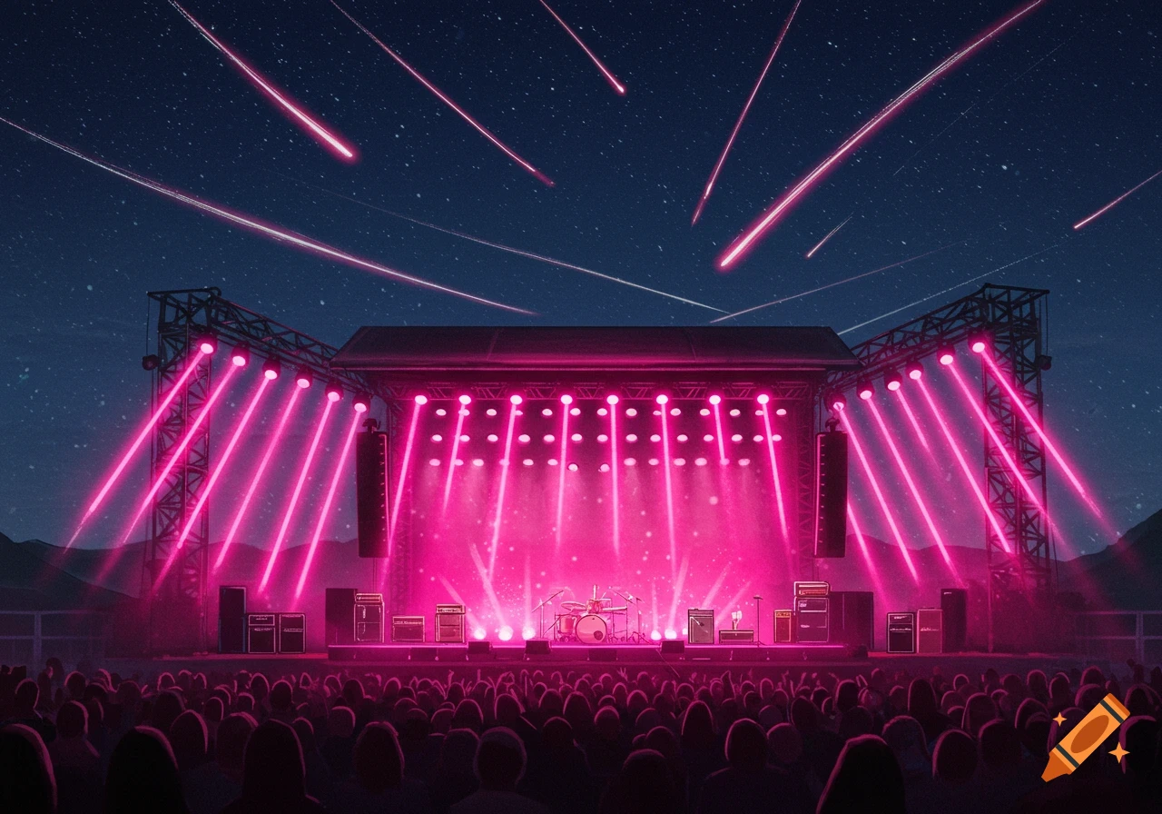 A large outdoor concert stage illuminated by bright pink lights, with a crowd of people watching under a night sky filled with shooting comets.