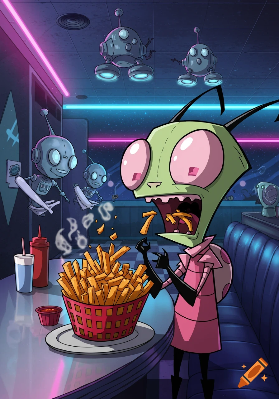 Zim, the green alien, shouts excitedly while eating a large basket of french fries in a neon-lit diner, with small robots floating in the background.