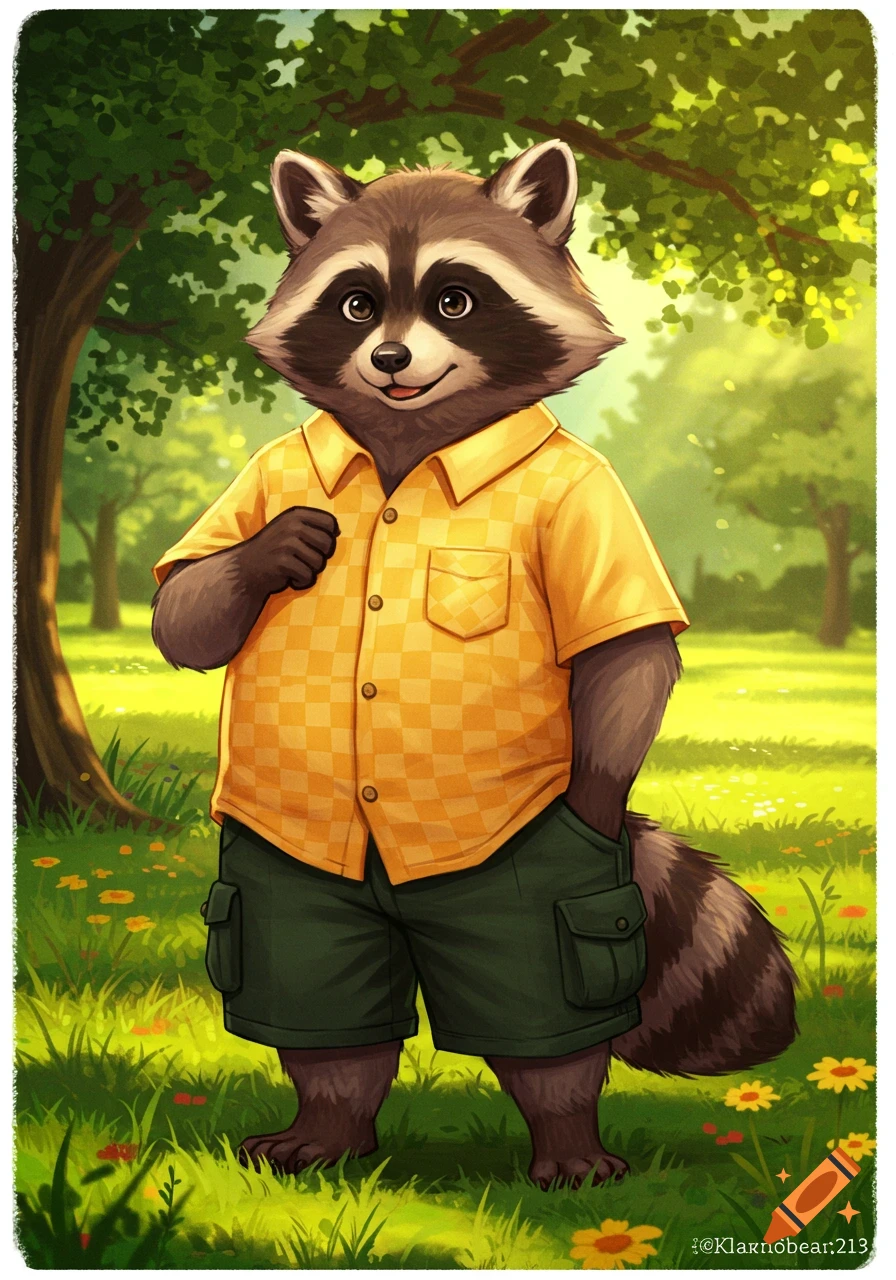 A cute anthropomorphic raccoon in a yellow checkered shirt and green shorts stands in a grassy park with trees and flowers.