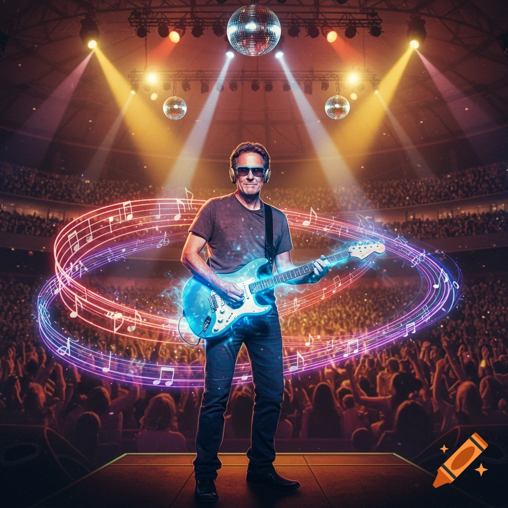 A male guitarist in sunglasses plays an electric guitar glowing with blue light on a stage, surrounded by swirling musical notes, in front of a large concert audience under disco balls and spotlights.
