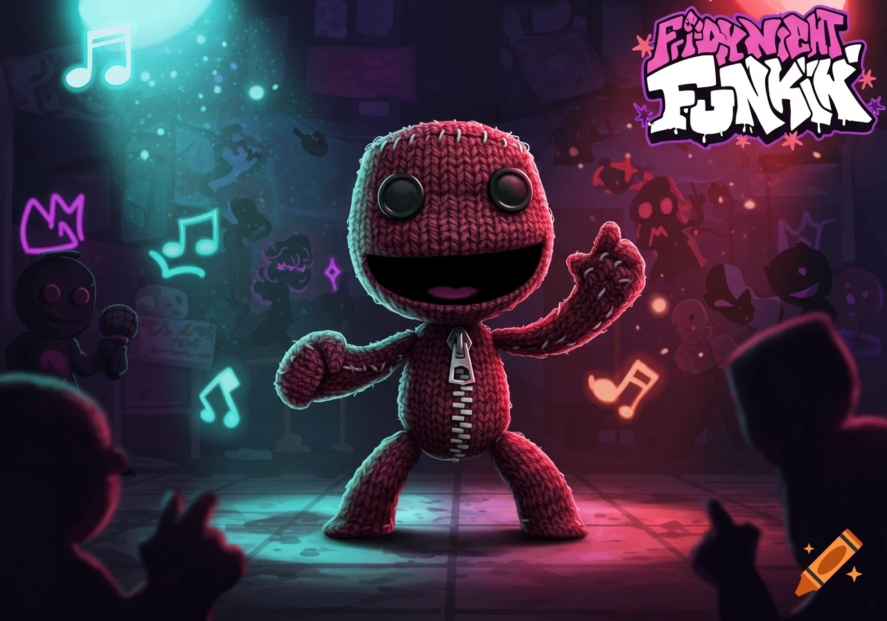 Sackboy from LittleBigPlanet stands on a neon-lit stage with the Friday Night Funkin' logo and silhouetted characters, in a vibrant digital art style.