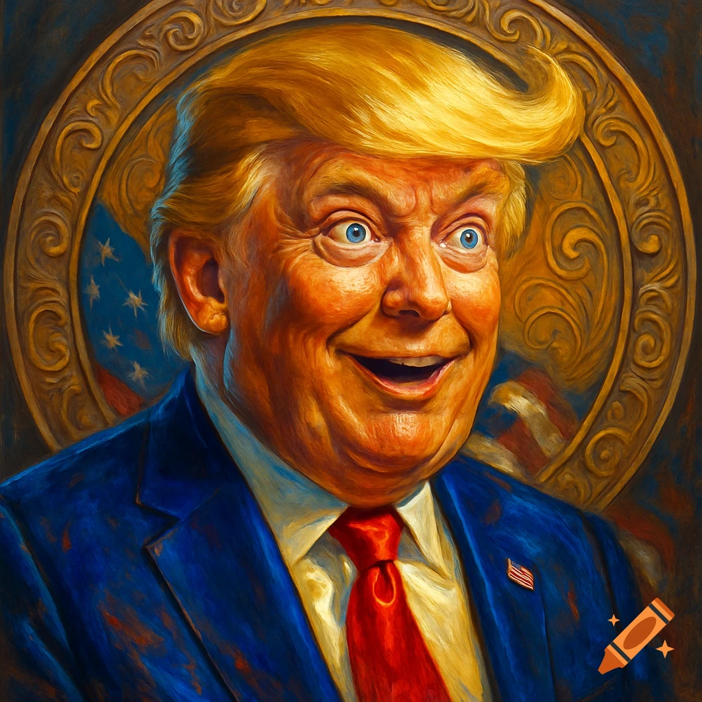 A painterly portrait of Donald Trump with a wide smile and wide blue eyes, wearing a blue suit and red tie, set against a circular ornate frame and American flag elements.