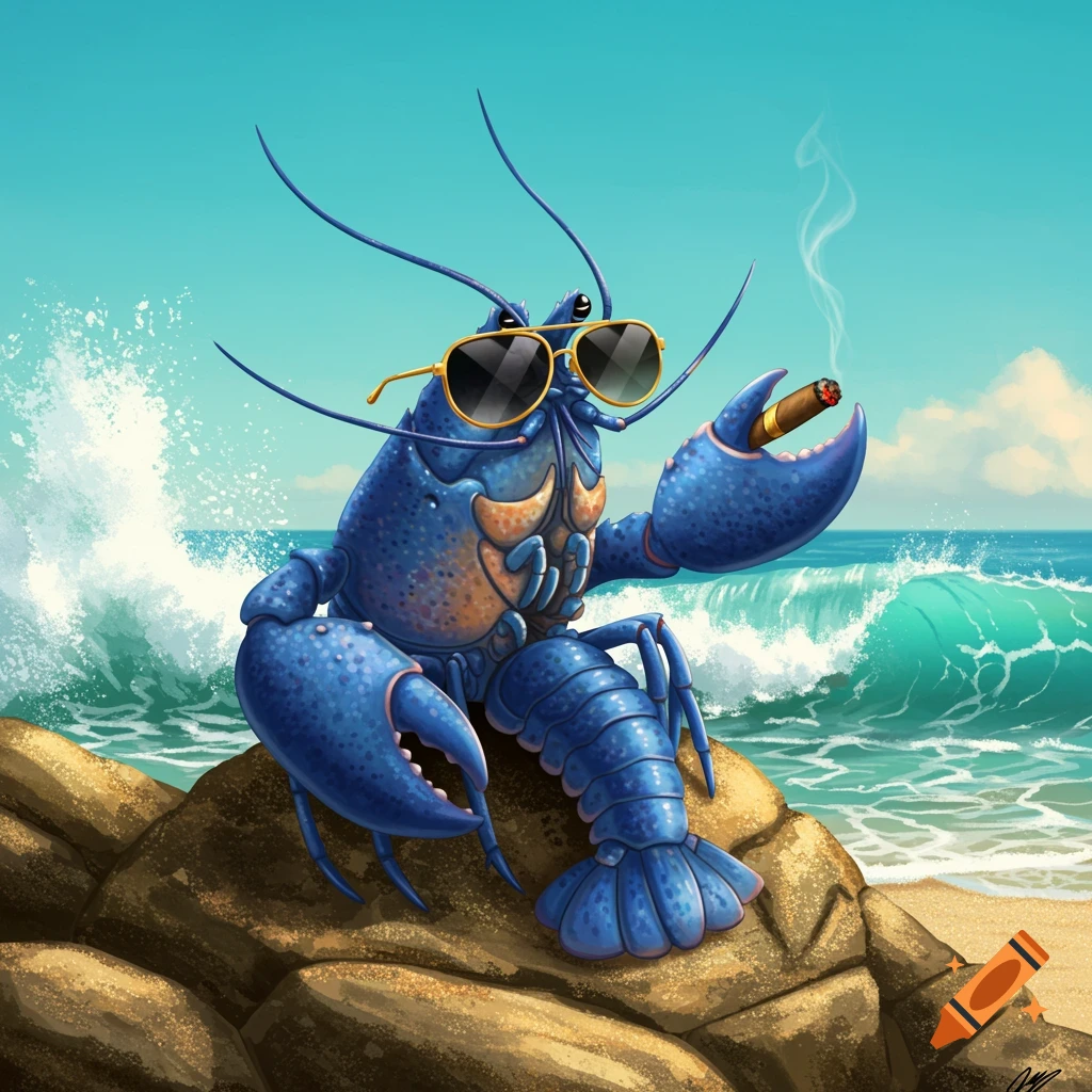 A cool blue lobster wearing sunglasses sits on a rock at the beach, smoking a cigar, with waves crashing in the background.