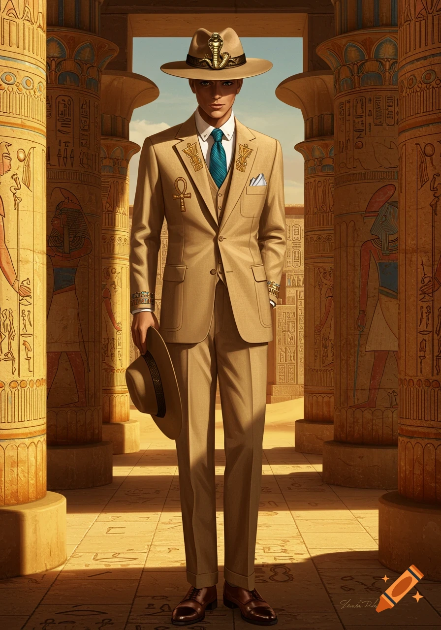 A man in a beige suit, teal tie, and wide-brimmed hat with a cobra emblem stands holding his hat in an ancient Egyptian temple setting with hieroglyph-covered pillars.