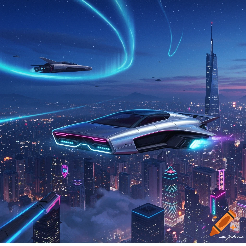 Futuristic silver flying cars soar through a neon-lit city at dusk under a starry sky with glowing energy trails.