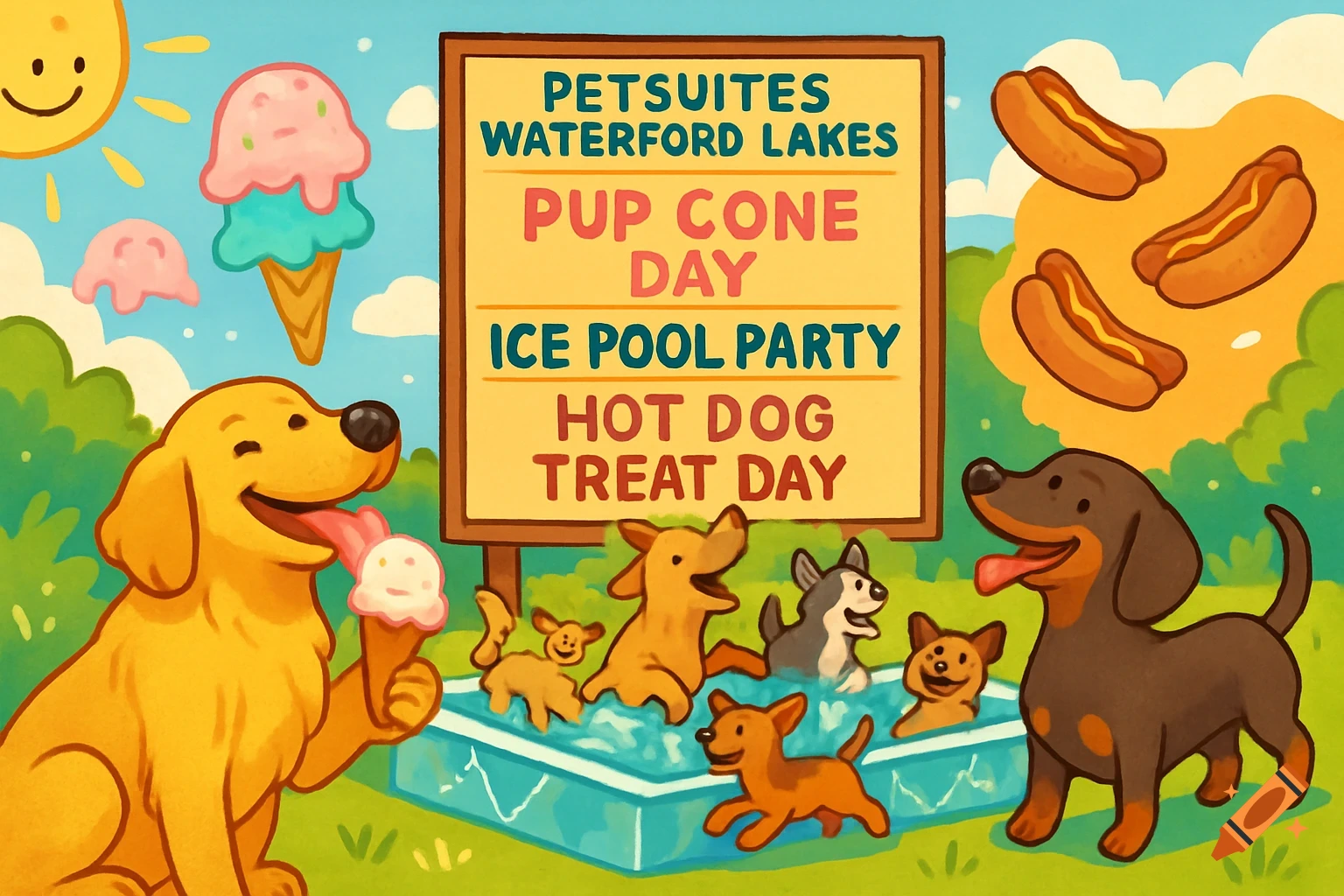 Cartoon illustration of dogs enjoying a summer party with ice cream, hot dogs, and a pool. A sign advertises "Pup Cone Day," "Ice Pool Party," and "Hot Dog Treat Day."
