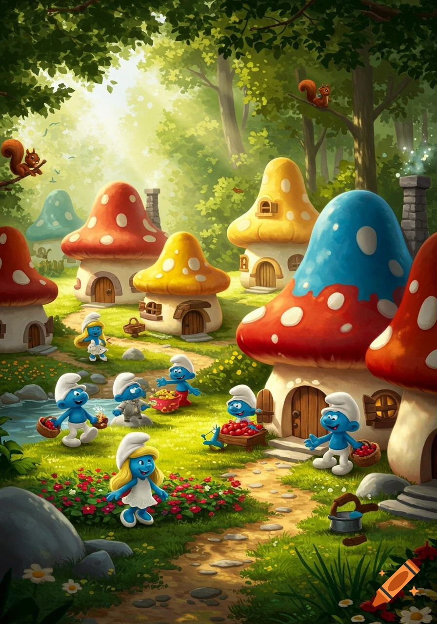 A vibrant cartoon scene of Smurfs in their mushroom village, surrounded by lush green forests and blooming flowers.