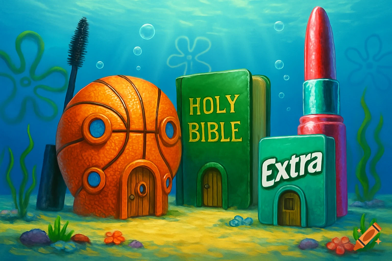 An underwater scene in the style of SpongeBob SquarePants, featuring a basketball house, a Holy Bible house, an Extra gum pack house, a mascara, and a lipstick.