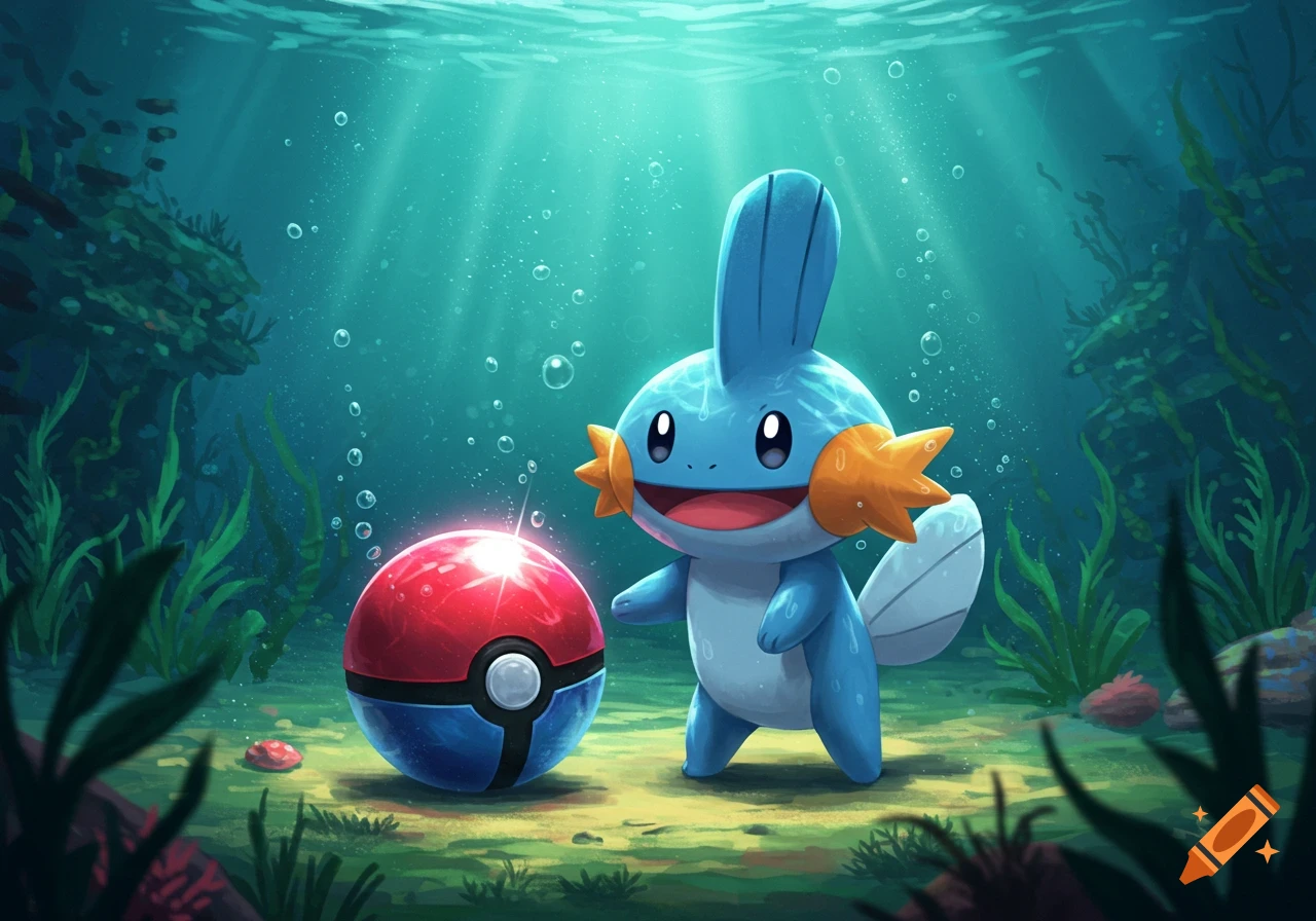 A cute blue Mudkip stands underwater next to a glowing red and blue Dive Ball, with light rays from above and bubbles.