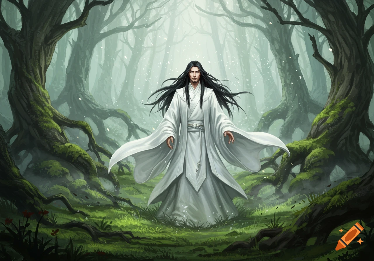 A man with long black hair and white robes stands in a mystical, moss-covered forest, surrounded by ancient trees.