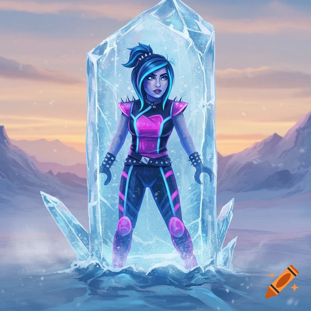 Digital illustration of a human-form Lucy from The LEGO Movie, wearing a pink and black outfit, frozen within a large ice crystal in a snowy mountain landscape at sunset.