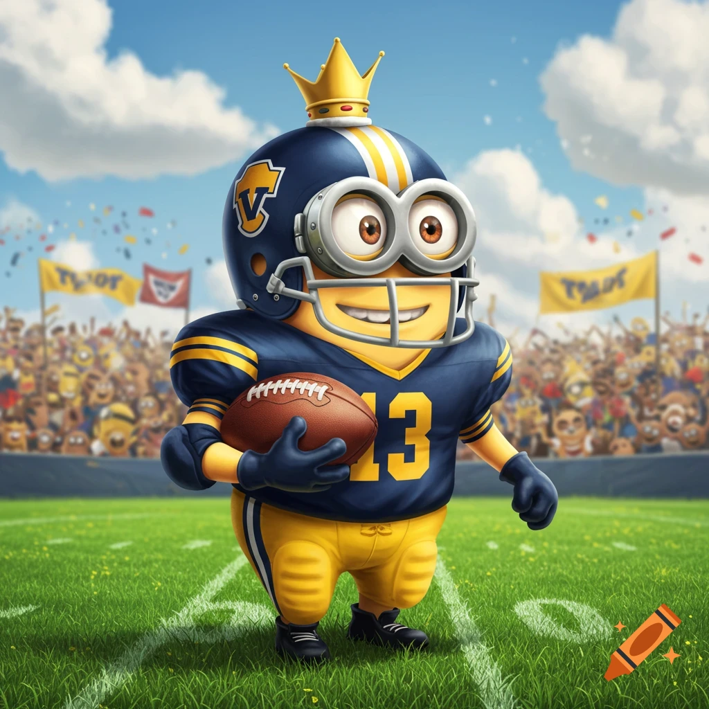 A cartoon Minion character wearing a navy and yellow football uniform with a crown on its helmet, holding a football on a grassy field in a stadium.