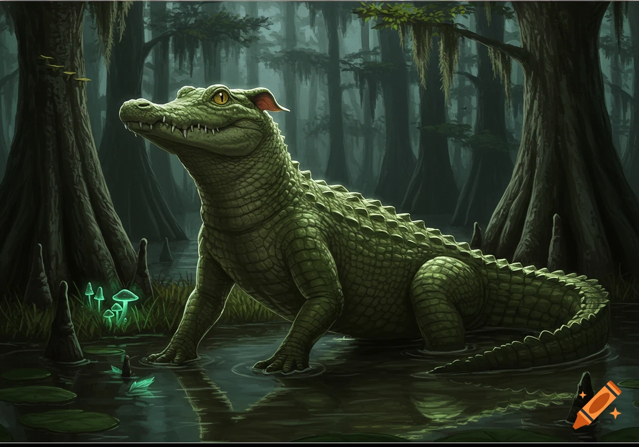 A reptilian creature, part alligator and part dog, stands in a dark, misty swamp with large trees and glowing mushrooms.