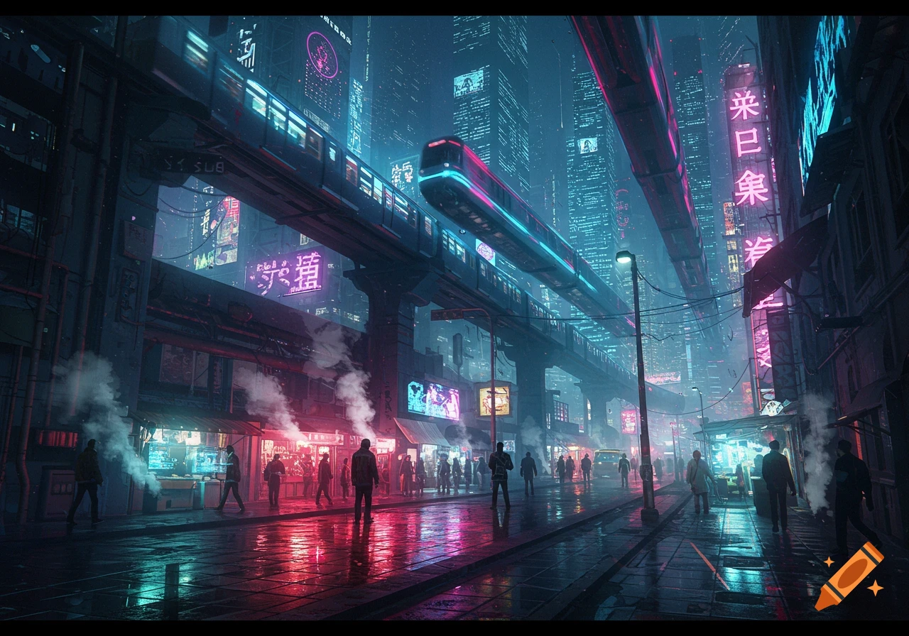 A bustling cyberpunk city street at night, with neon lights reflecting on the wet pavement and an elevated train passing above.