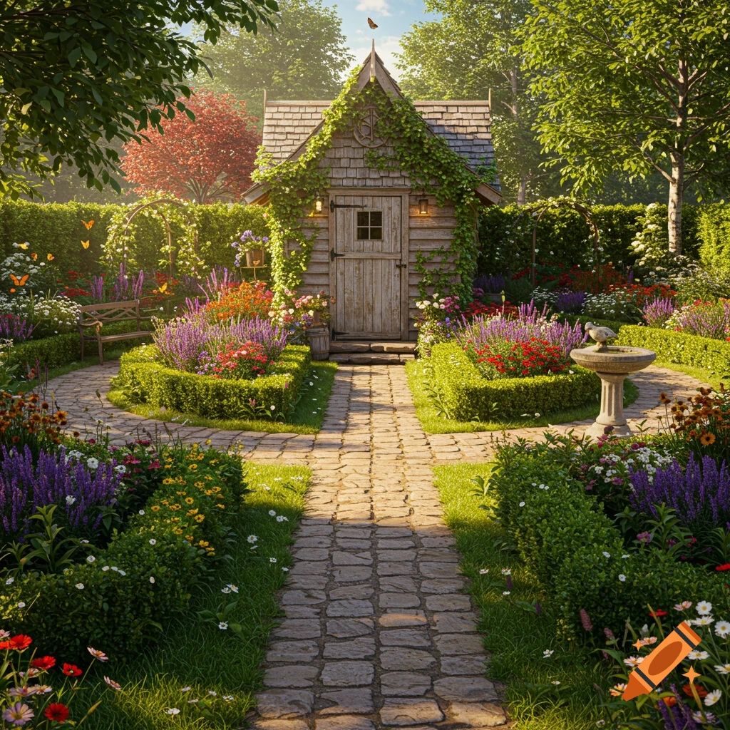 A cobblestone path leads to a quaint wooden shed covered in vines, surrounded by a vibrant, lush garden with colorful flowers and green hedges.