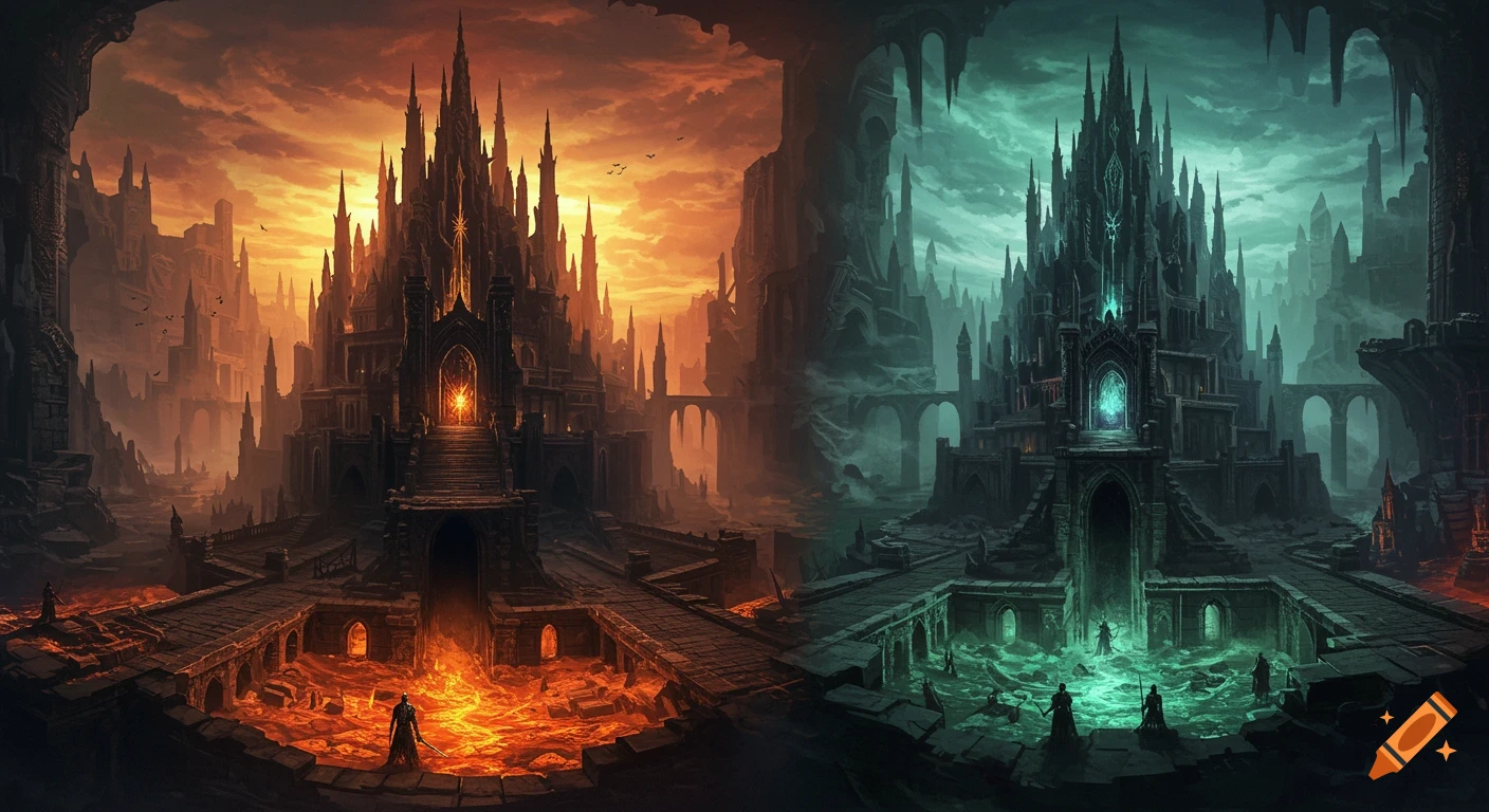 A dark fantasy landscape split down the middle, with a fiery, lava-filled side and a cool, watery side, both featuring gothic castles and ruins under different skies.