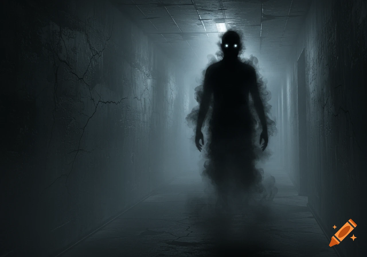 A dark, smoky humanoid figure with glowing eyes stands in a dimly lit, fog-filled, cracked hallway, creating a sense of dread.