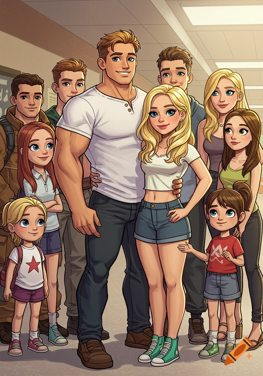 A large cartoon family, including adults, teenagers, and children, stands together in a bright indoor hallway.