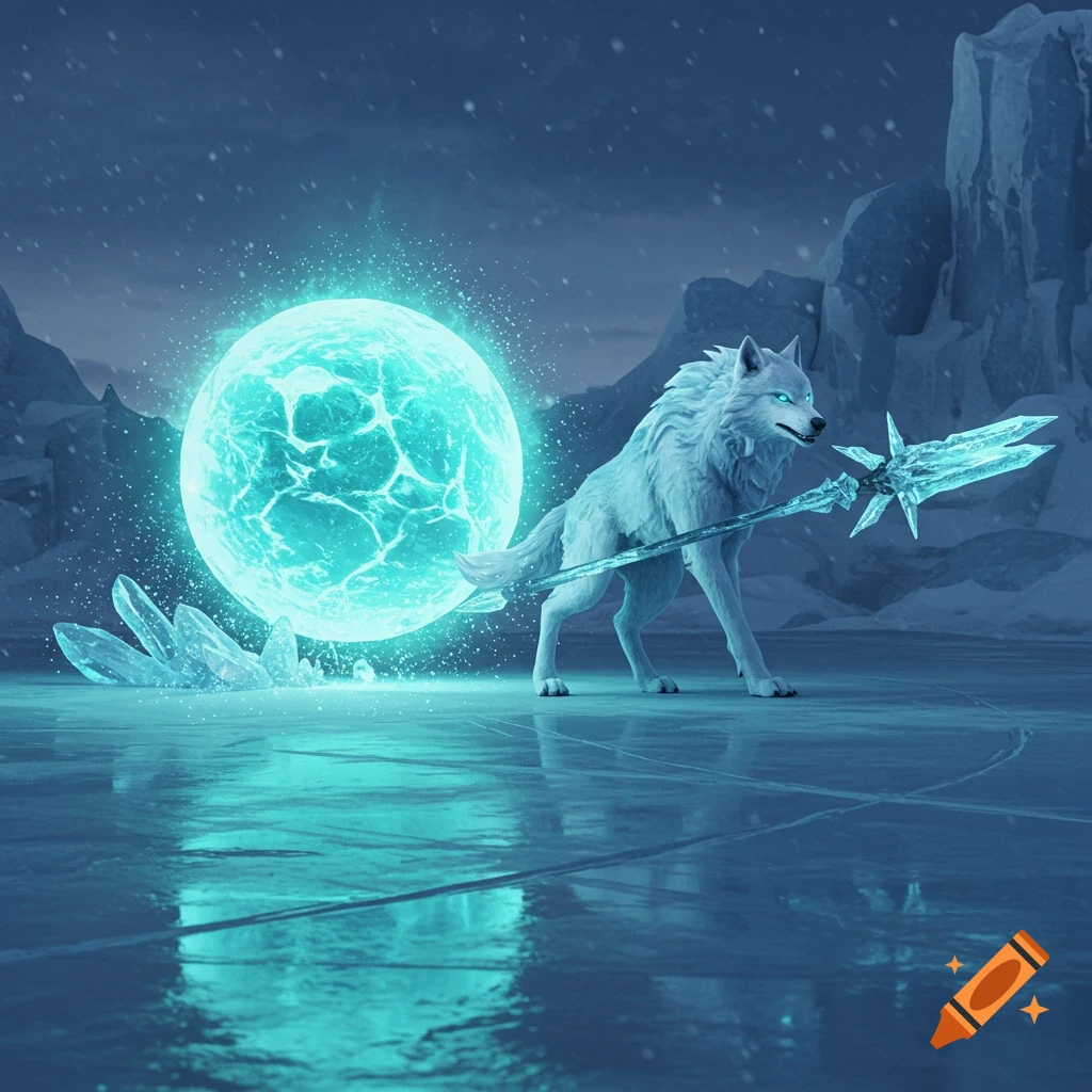 A white wolf with glowing eyes stands on a frozen plain, holding an icy spear, with a large glowing blue ice sphere behind it in a snowy landscape.