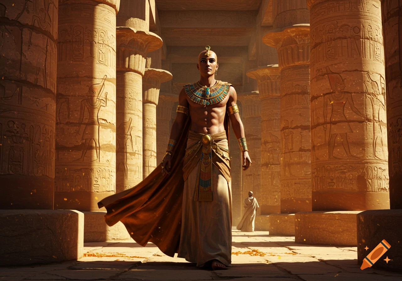 A man resembling an Egyptian pharaoh, adorned in gold and turquoise jewelry, stands in a sunlit temple hall with tall, carved pillars.