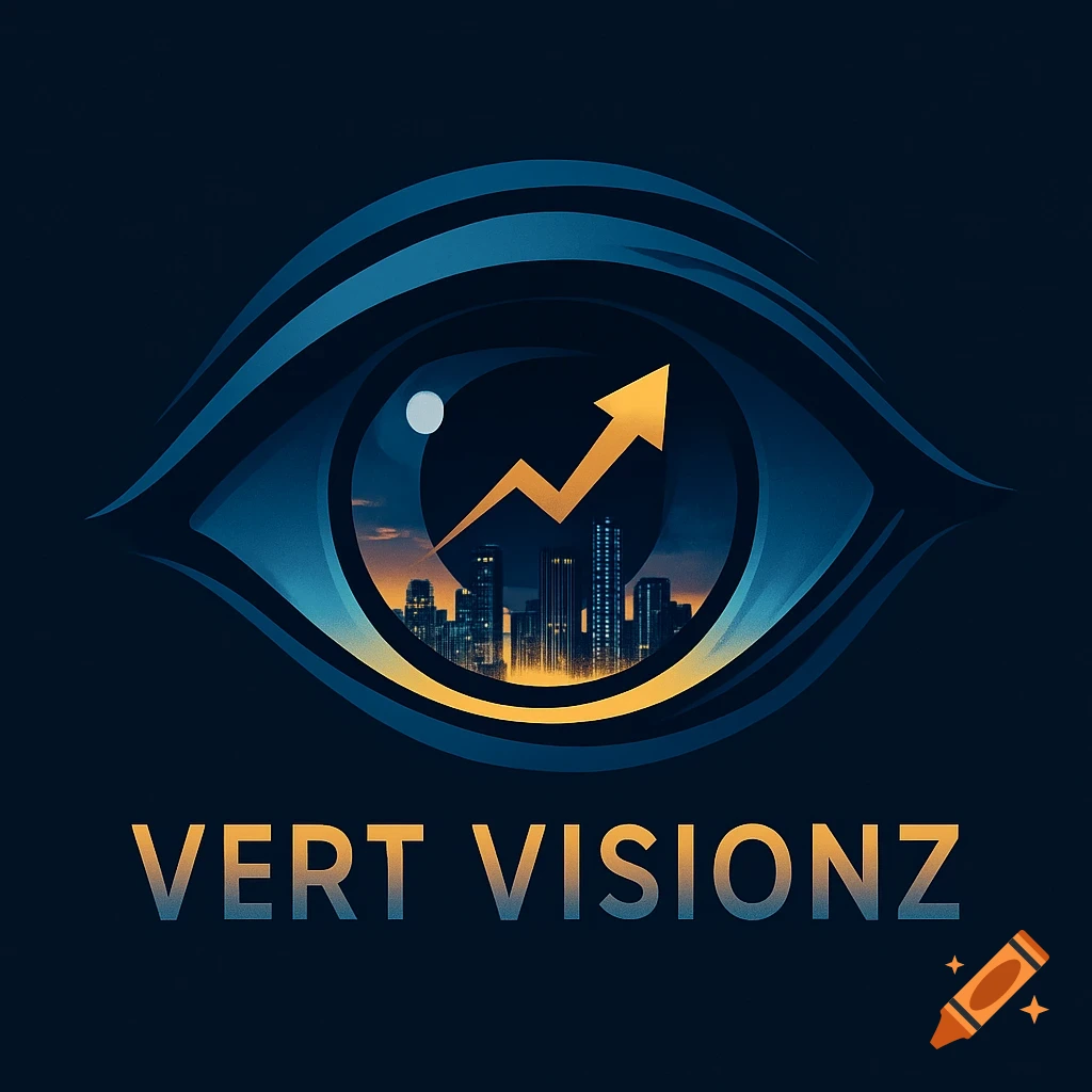 A stylized logo featuring a blue and yellow eye with a cityscape and an upward-pointing chart arrow in the pupil, with "VERT VISIONZ" text below.