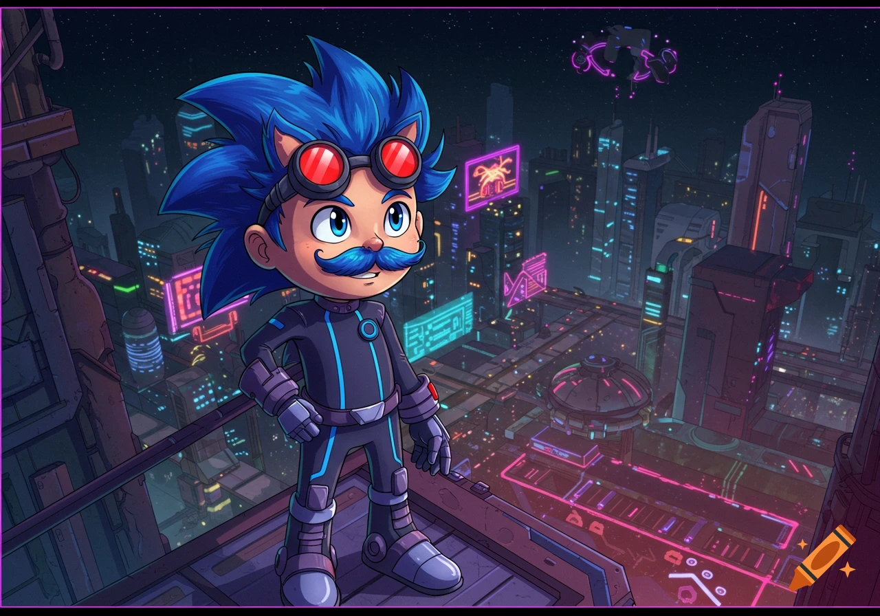 A cartoon character, resembling a child of Sonic and Eggman, with blue spiky hair and a mustache, red goggles, and a dark futuristic suit, stands on a rooftop overlooking a neon-lit cyberpunk city at night.