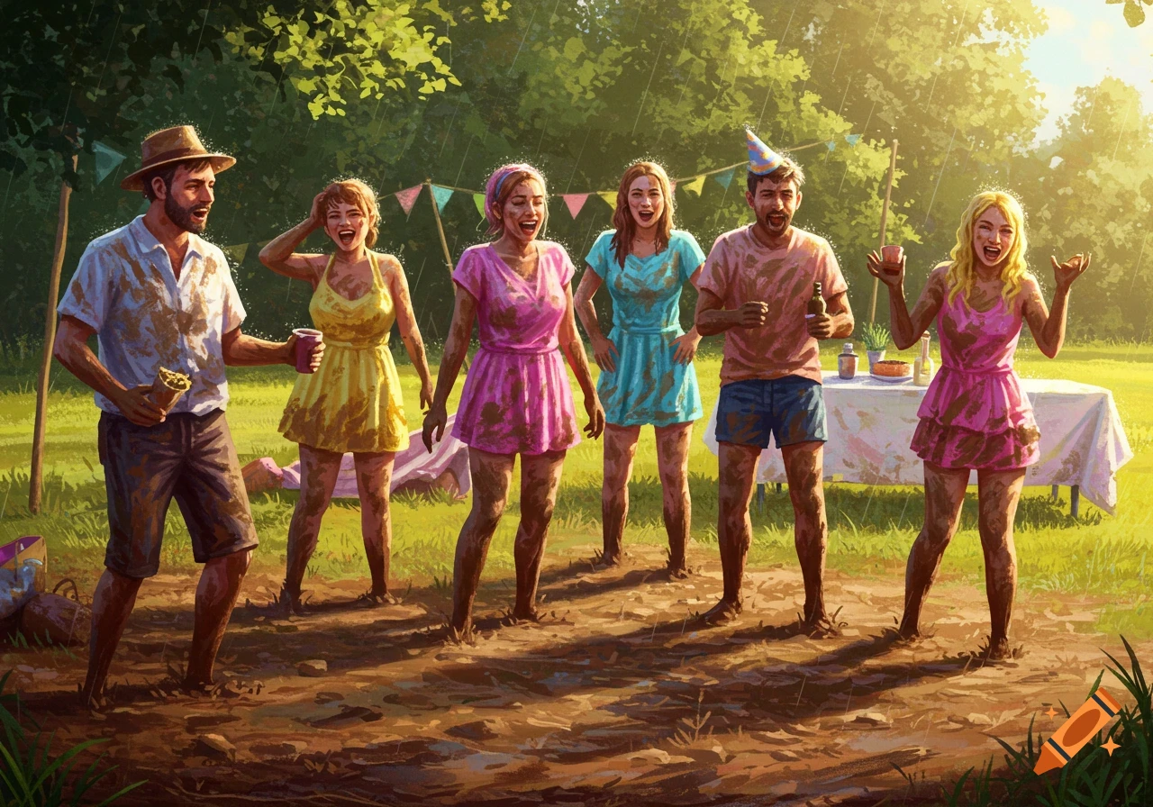 Six cheerful people, covered in mud, laugh at an outdoor party in the rain.
