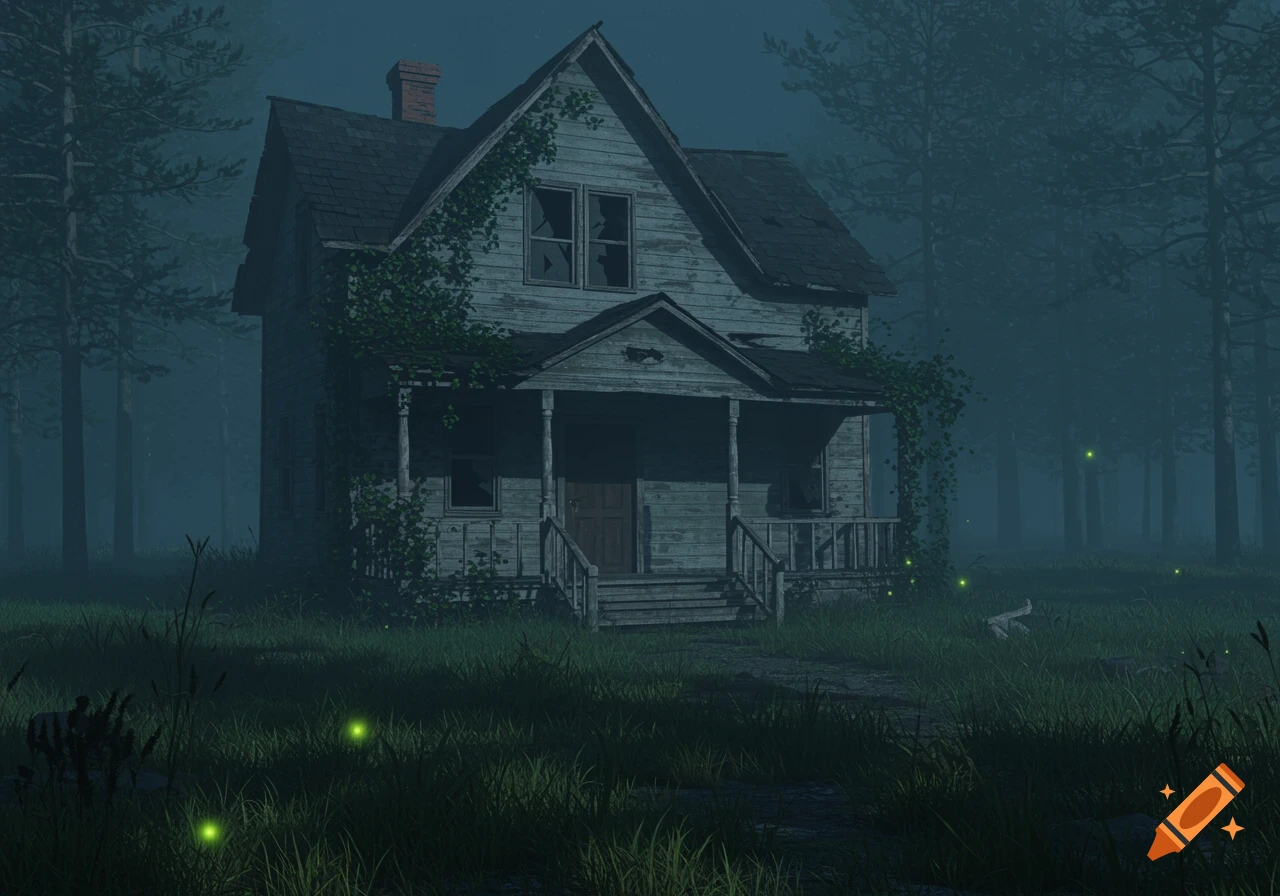 An old, dilapidated wooden house covered in vines stands in a misty, dark forest with glowing fireflies.