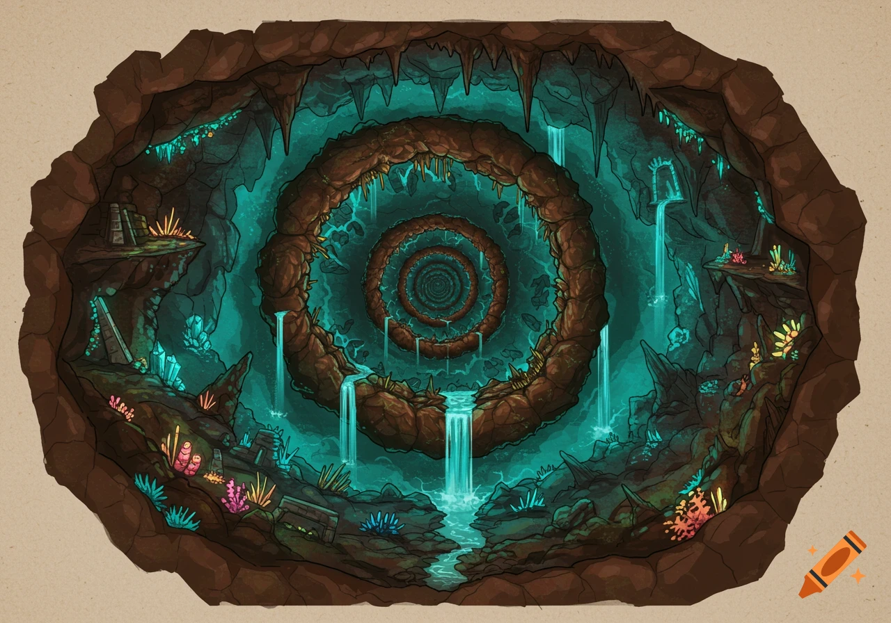 Illustrative fantasy cave of the Hollow Earth with glowing turquoise water, spiraling rock formations, and waterfalls.