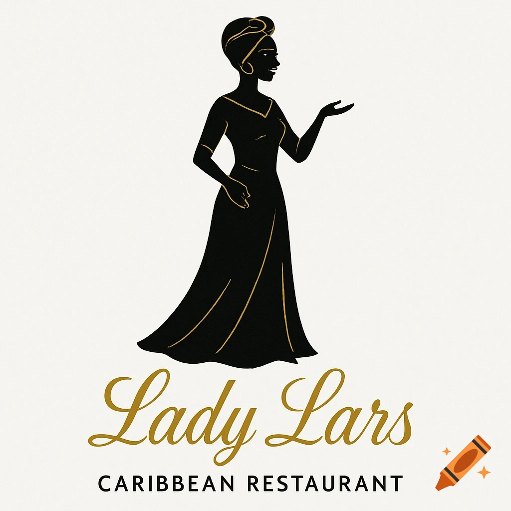 Logo for Lady Lars Caribbean Restaurant featuring a black and gold silhouette of an elegant woman with headwrap above the restaurant name.