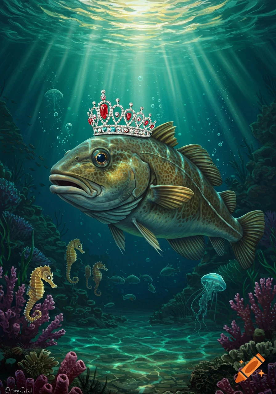 A detailed painting of a codfish with a jeweled crown swimming in a vibrant underwater scene with coral and seahorses.