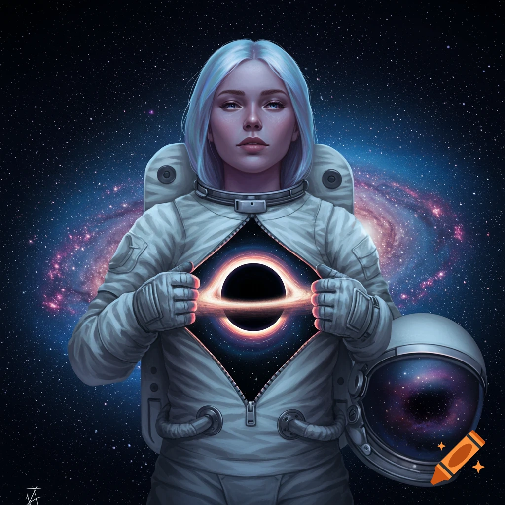 An astronaut woman in a white suit unzips her chest to reveal a glowing black hole, set against a starry galaxy.