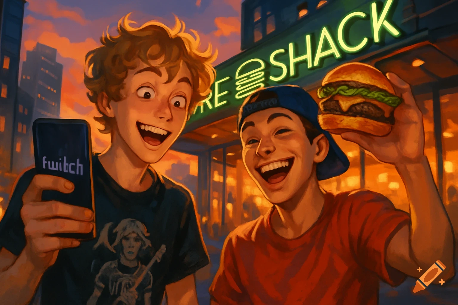 Two excited cartoon boys, one holding a phone with "fwiitch" on screen, the other holding a burger, stand in front of a building with a neon "SHACK" sign at sunset.
