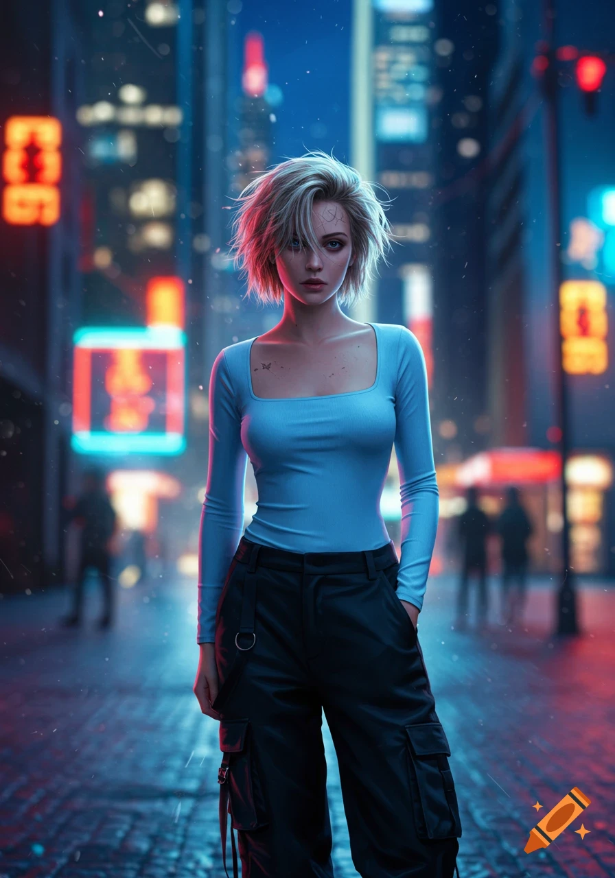 A woman with short, messy blonde hair in a light blue top and black cargo pants stands in a neon-lit futuristic city street.