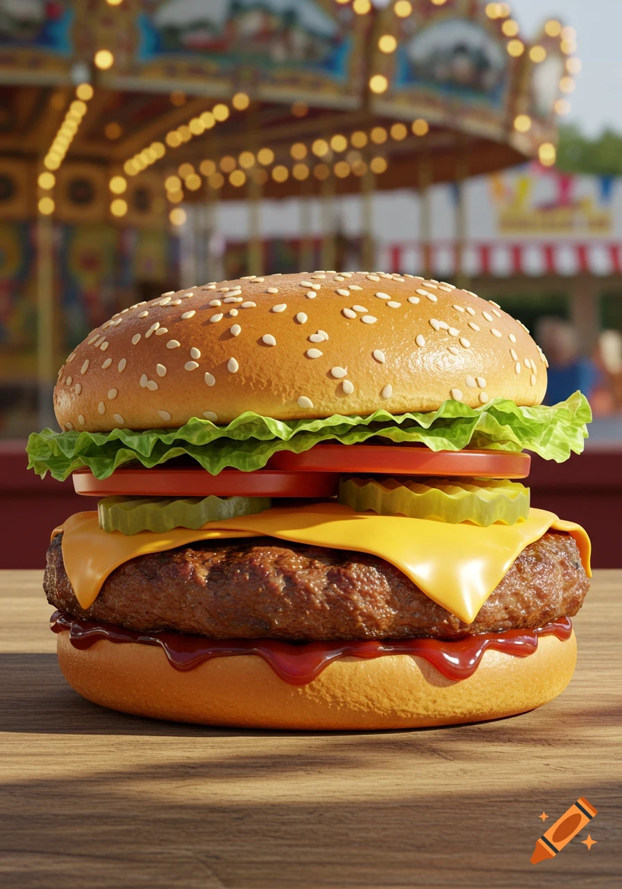 Photorealistic cheeseburger with lettuce, tomato, pickles, and ketchup on a wooden table, with a blurred carnival carousel in the background.