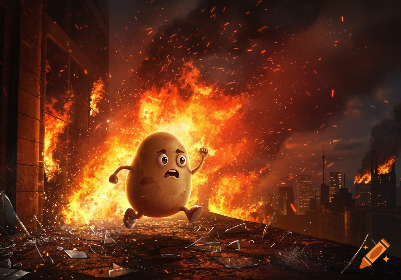 A wide-eyed cartoon potato runs frantically from a large fire engulfing a building, with a smoky cityscape in the background.