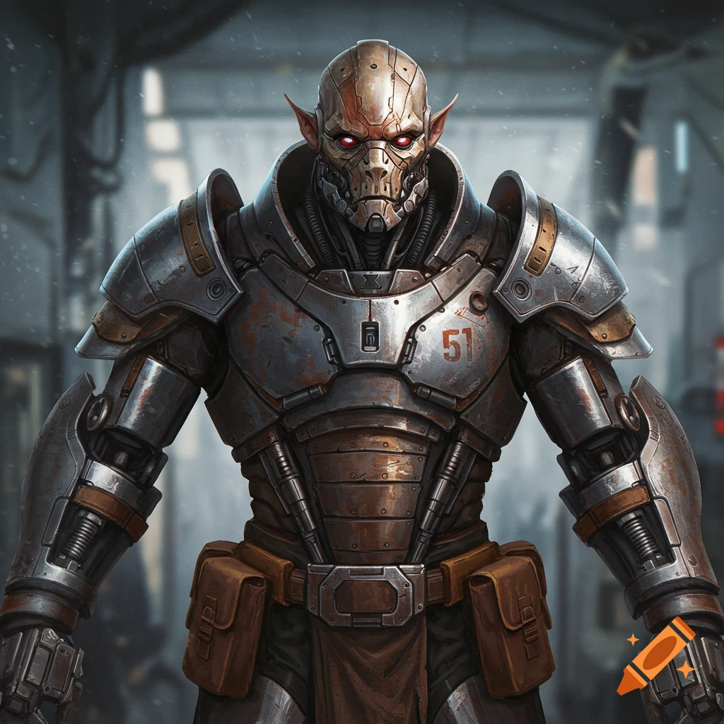 A close-up of a rusted metal cyborg wearing heavy armor, with glowing red eyes and pointed ears, standing in a dim industrial setting.