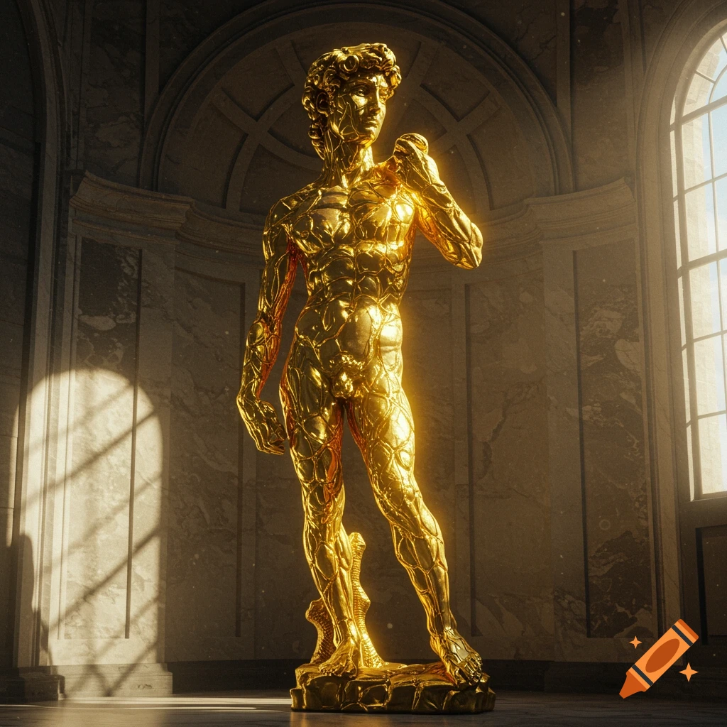 A golden, vein-like sculpture of Michelangelo's David stands in a grand, sunlit marble hall.