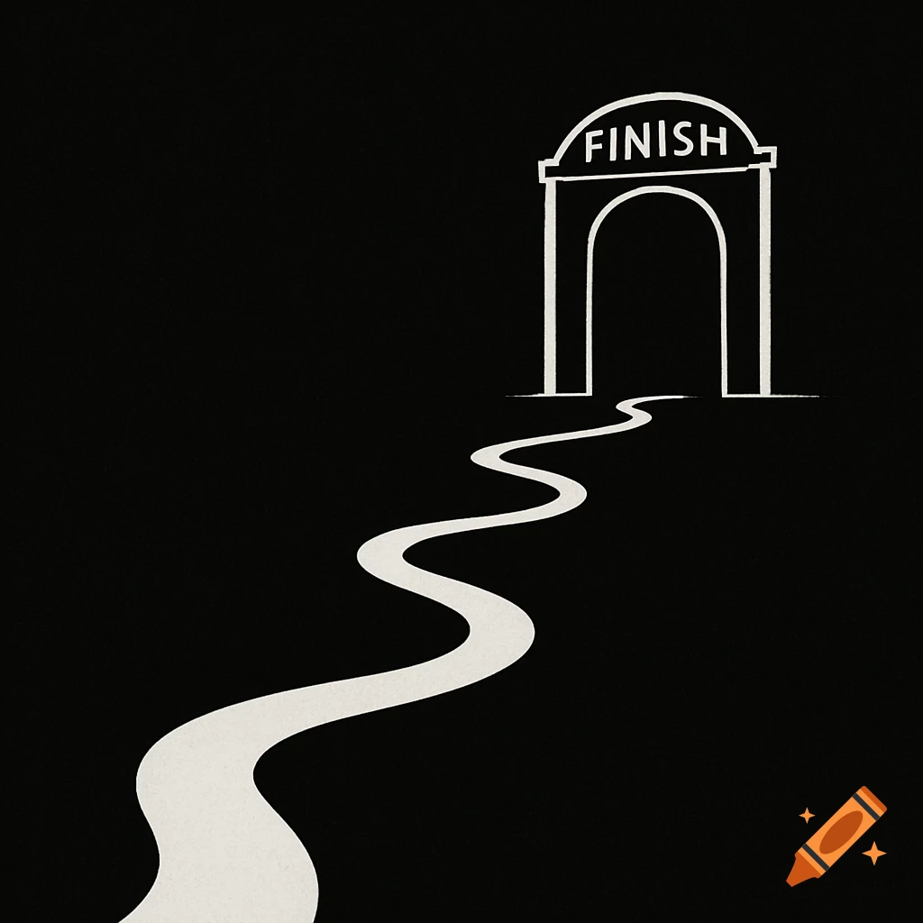 A winding white road on a black background leads to a white archway with 'FINISH' written on it.