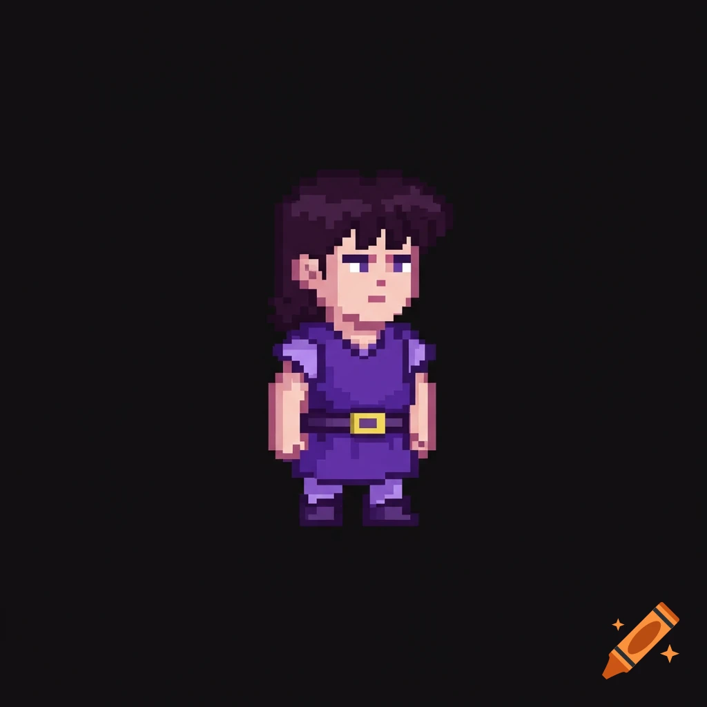 A pixelated video game character with dark hair, a purple tunic, and light purple sleeves, standing against a dark background.