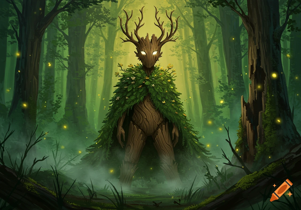 A humanoid creature made of wood and leaves, with antlers and glowing eyes, stands in a misty, dark forest with fireflies.