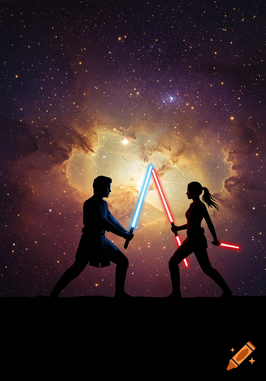 Silhouettes of a male and female figure fighting with blue and red lightsabers against a vibrant star-filled nebula.