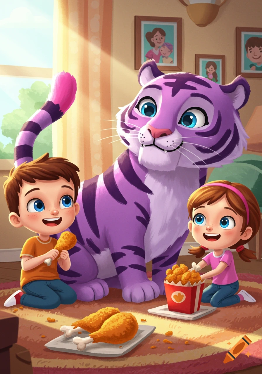 Cartoon illustration of a boy, a girl, and a friendly purple tiger with a pink tail, eating fried chicken together in a sunny room.